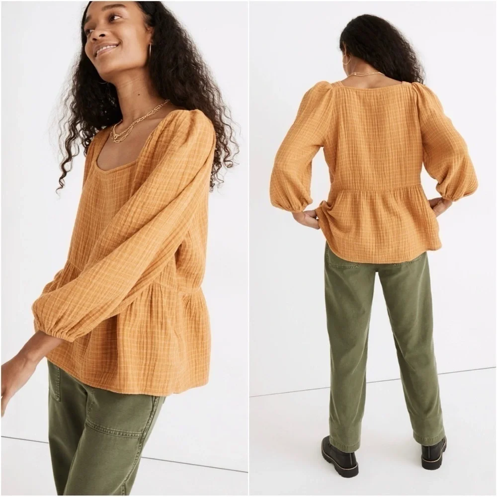 Madewell Blouse Lightspun Millbrook Puff-Sleeve Peplum Top in Windowpane XS